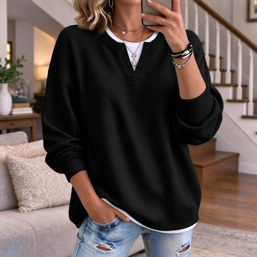 Women's Waffle Knit V-Neck Long Sleeve Pullover Top