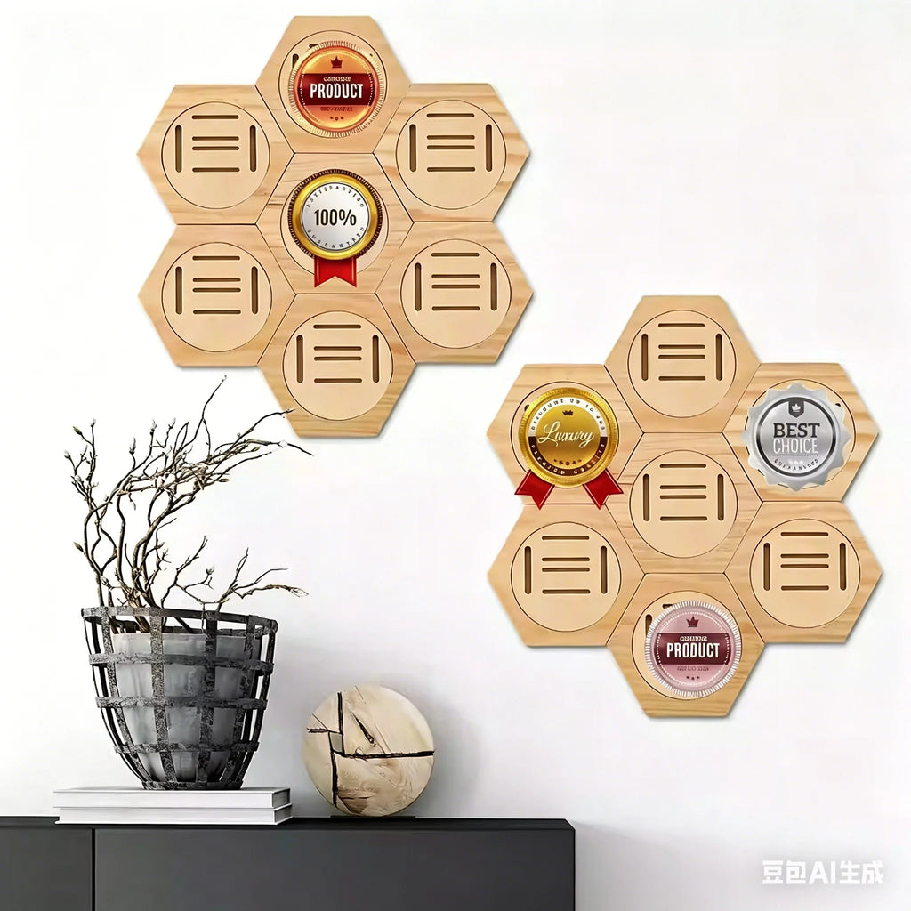 Hexagonal Wooden Medal Display Stand – Honeycomb Wall Hanger