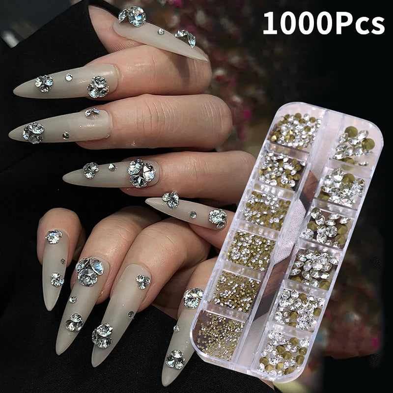 12-Grid 3D Nail Rhinestones – 1000Pcs Crystal Gem Manicure Set
