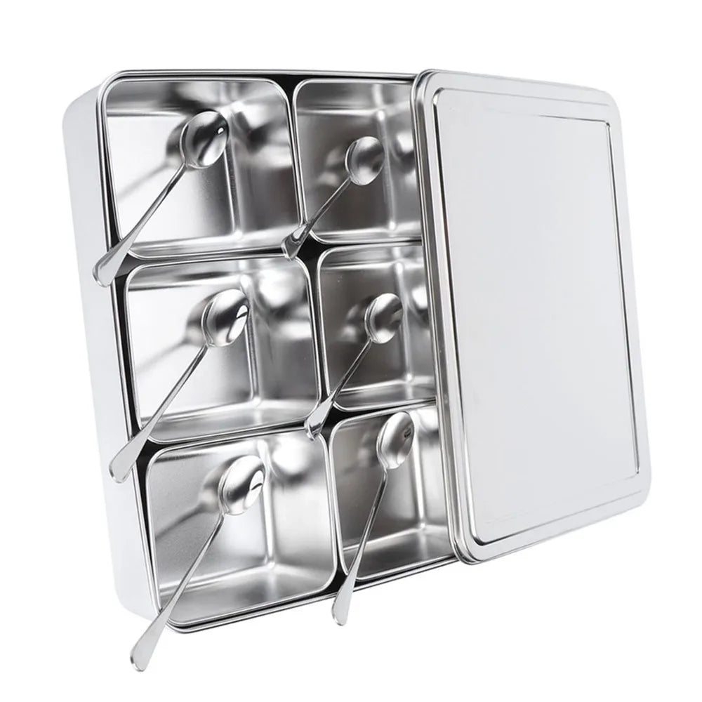 6-Grid Stainless Steel Masala Dabba Spice Organizer with Spoons