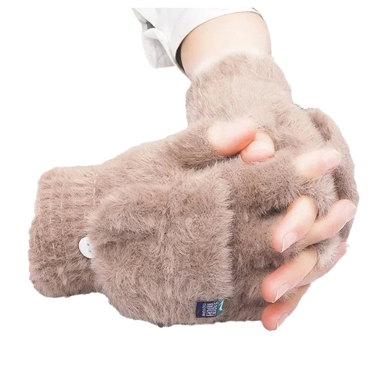 Plush Fingerless Flip Mittens – Warm Knit Winter Gloves