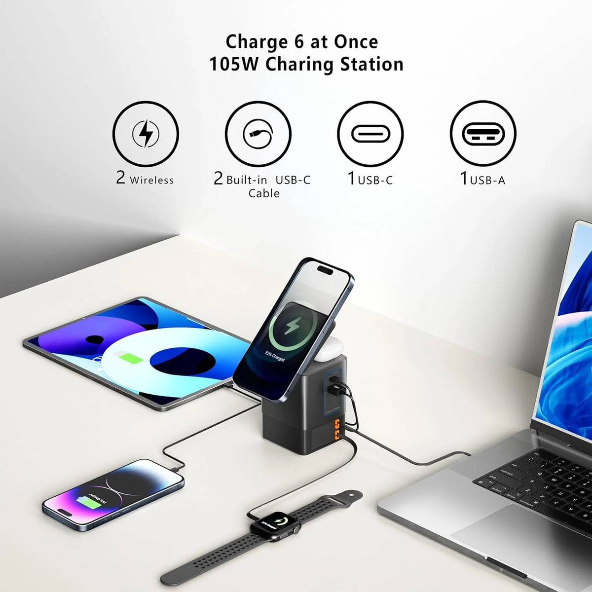 105W GaN Wireless Charging Station with Retractable USB-C