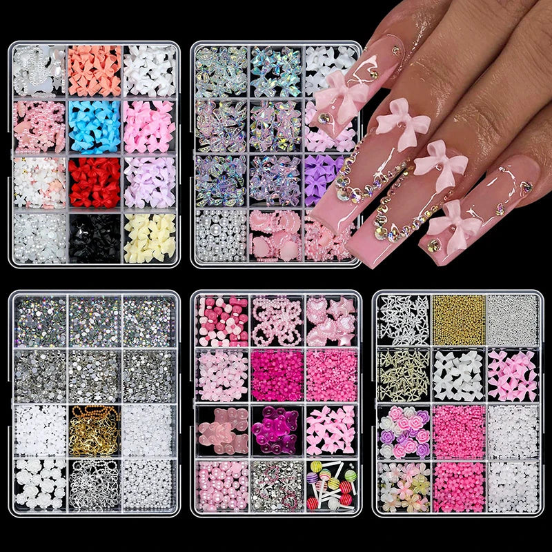 12-Grid 3D Resin Nail Art Charms – Bowknot Bear Heart Flower