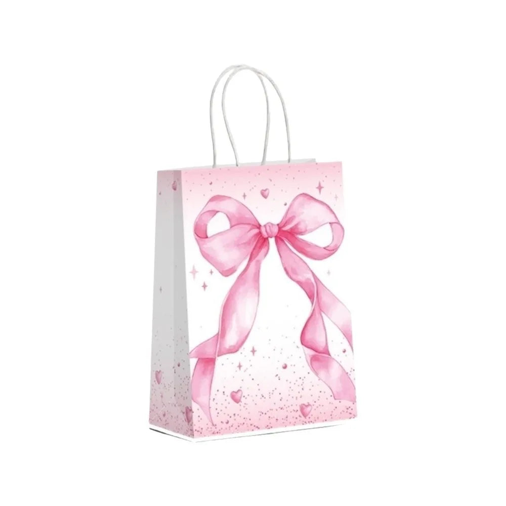 5-Pack Pink Kraft Paper Gift Bags with White Bow – Birthday Party