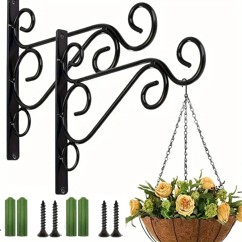 2-Pack Rustic Iron Wall Planter Hooks | Outdoor Flower Pot Hanger