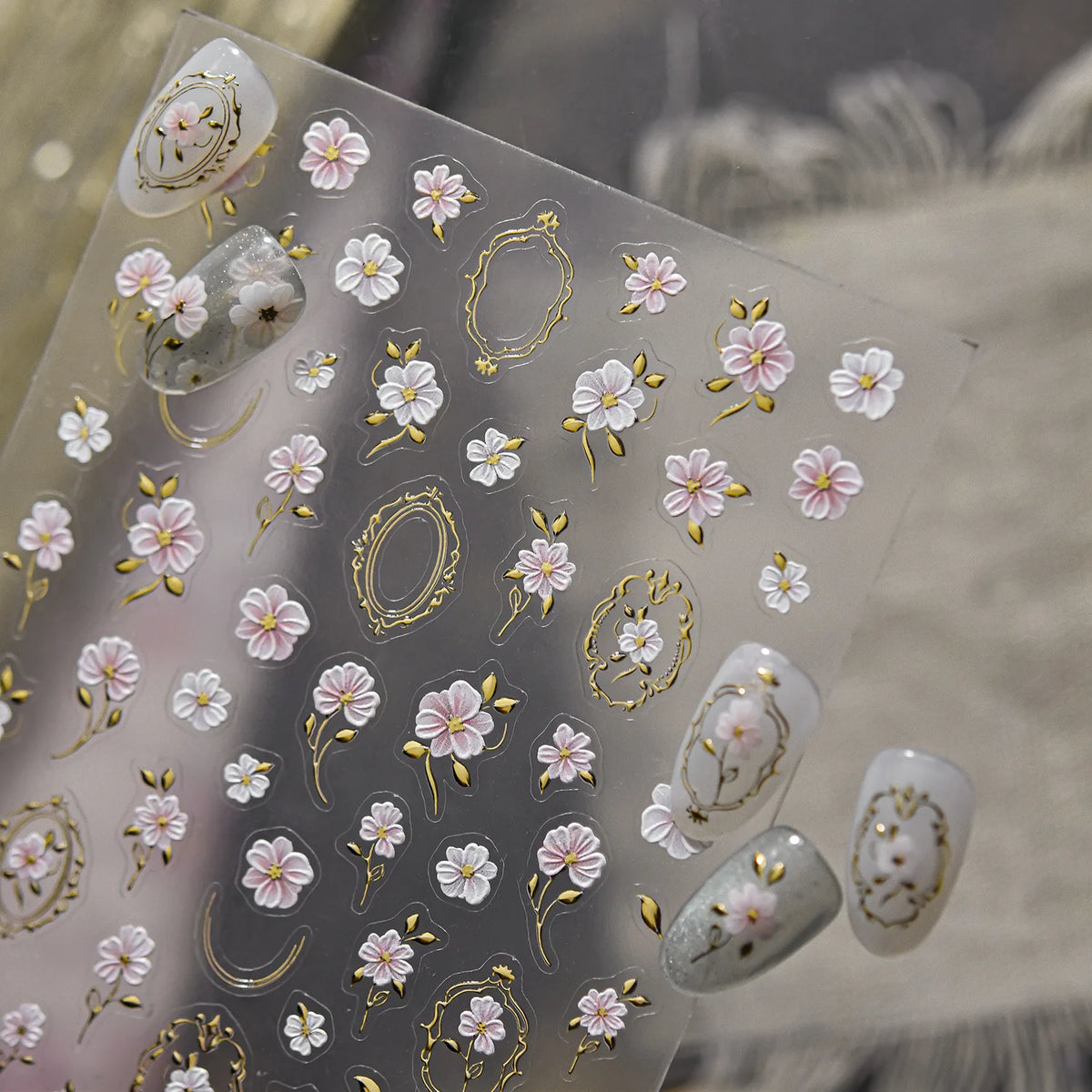 3D Gilded Camellia Flower Nail Art Stickers – Luxury White