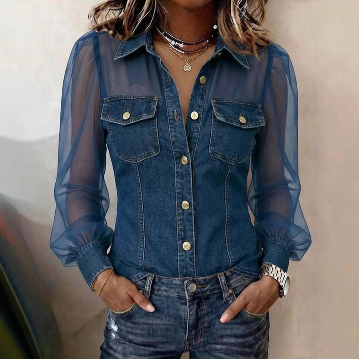 Women's Sheer Sleeve Button-Down Blouse | Elegant Collared Top