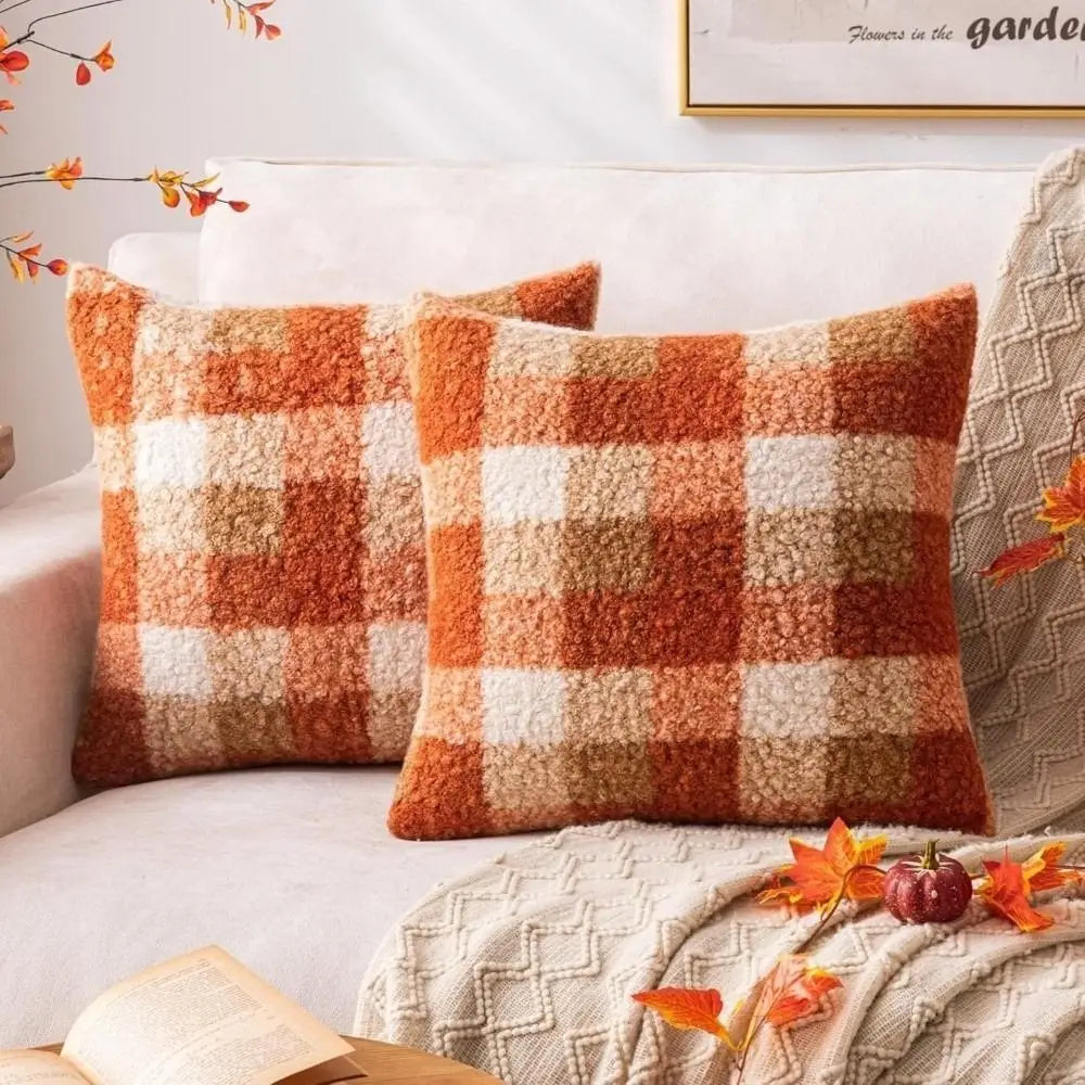 Plaid Plush Throw Pillow Cover 18x18 – Orange Red Boucle