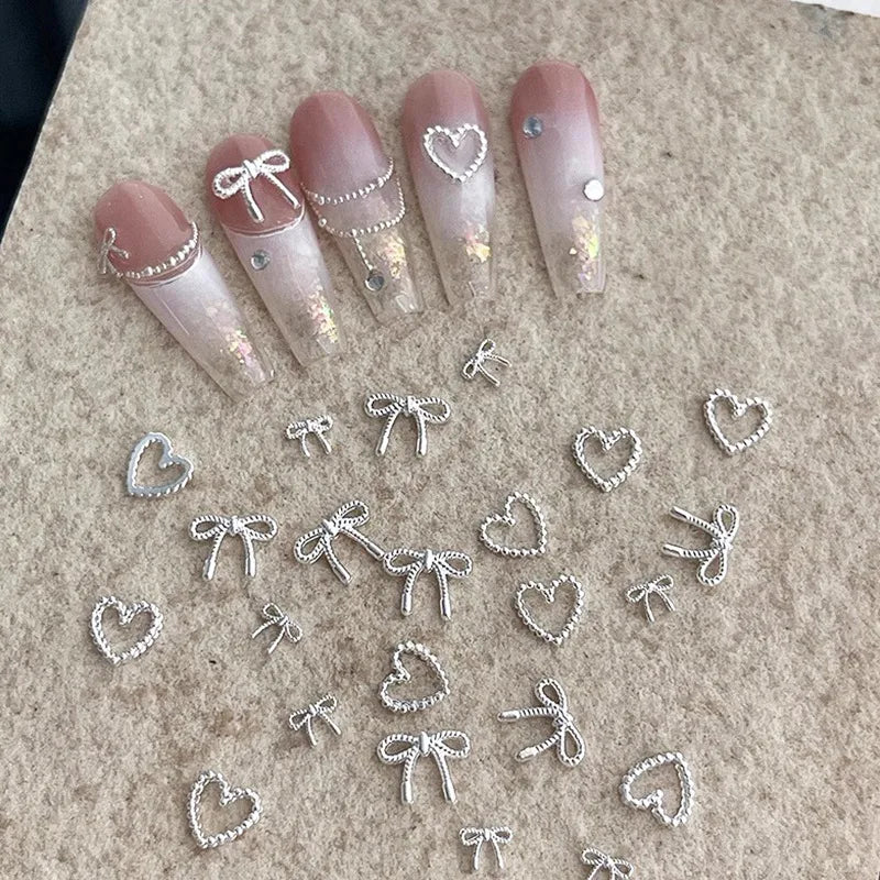 50pcs 3D Alloy Bow Heart Nail Charms Silver DIY Nail Art