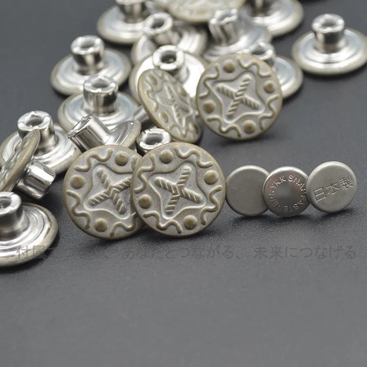 10-Pc Retro Copper Metal Engraved Round I-Shape Buttons