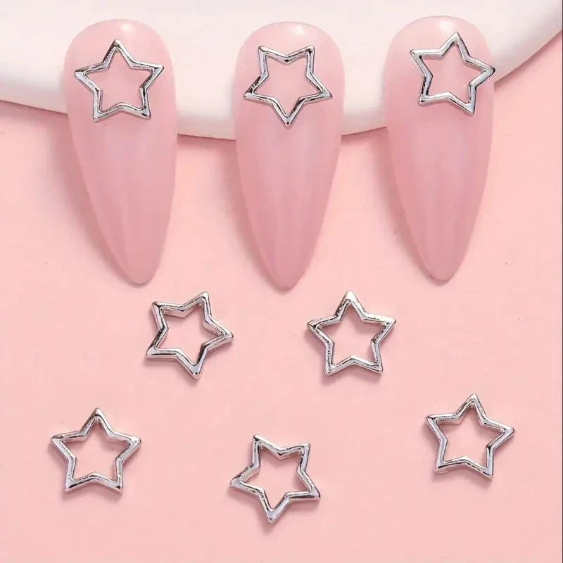 20Pcs 3D Punk Star Nail Charms – Hollow Pentagram Metal Art
