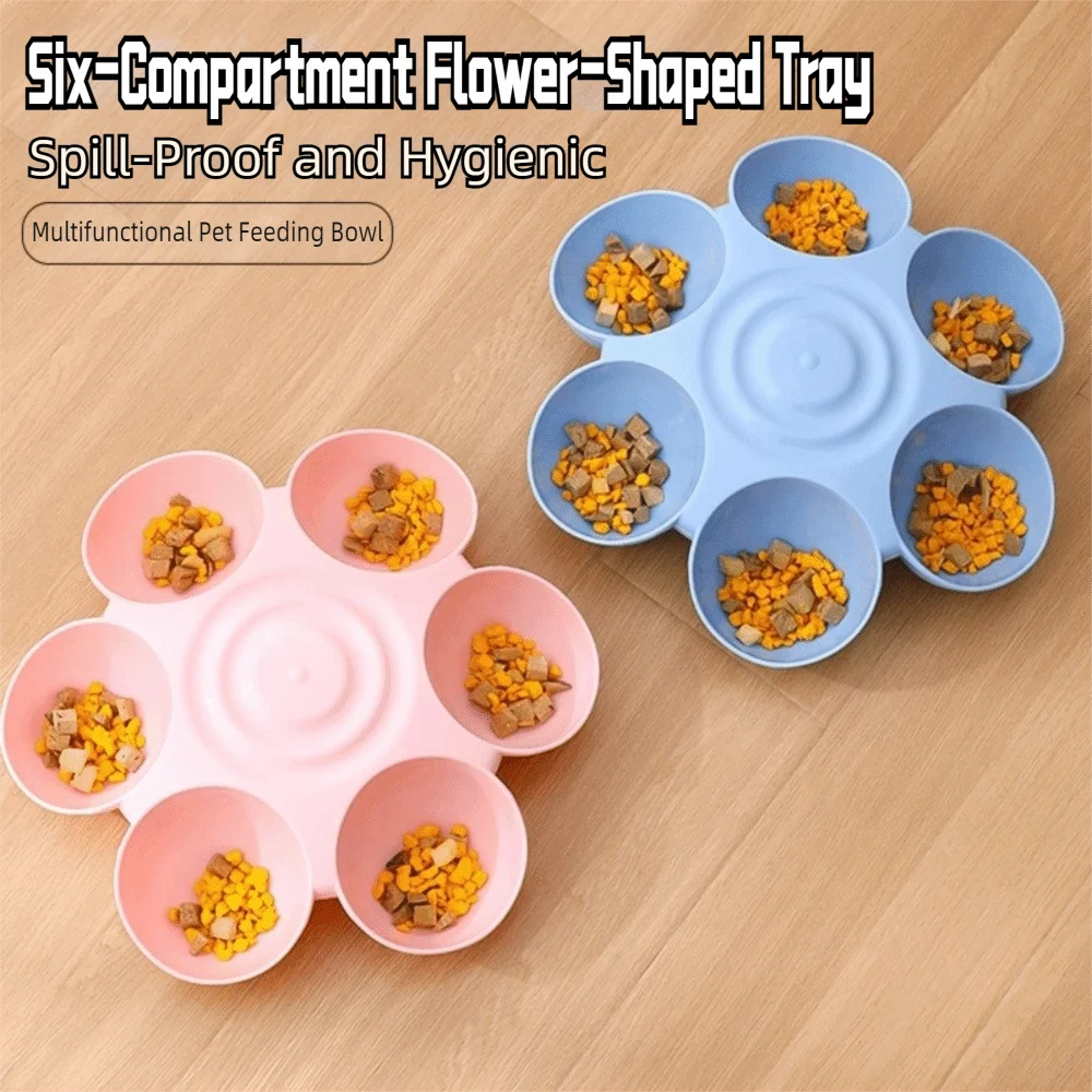 Six-Grid Petal Cat & Dog Feeding Bowl – Angled Multi-Compartment