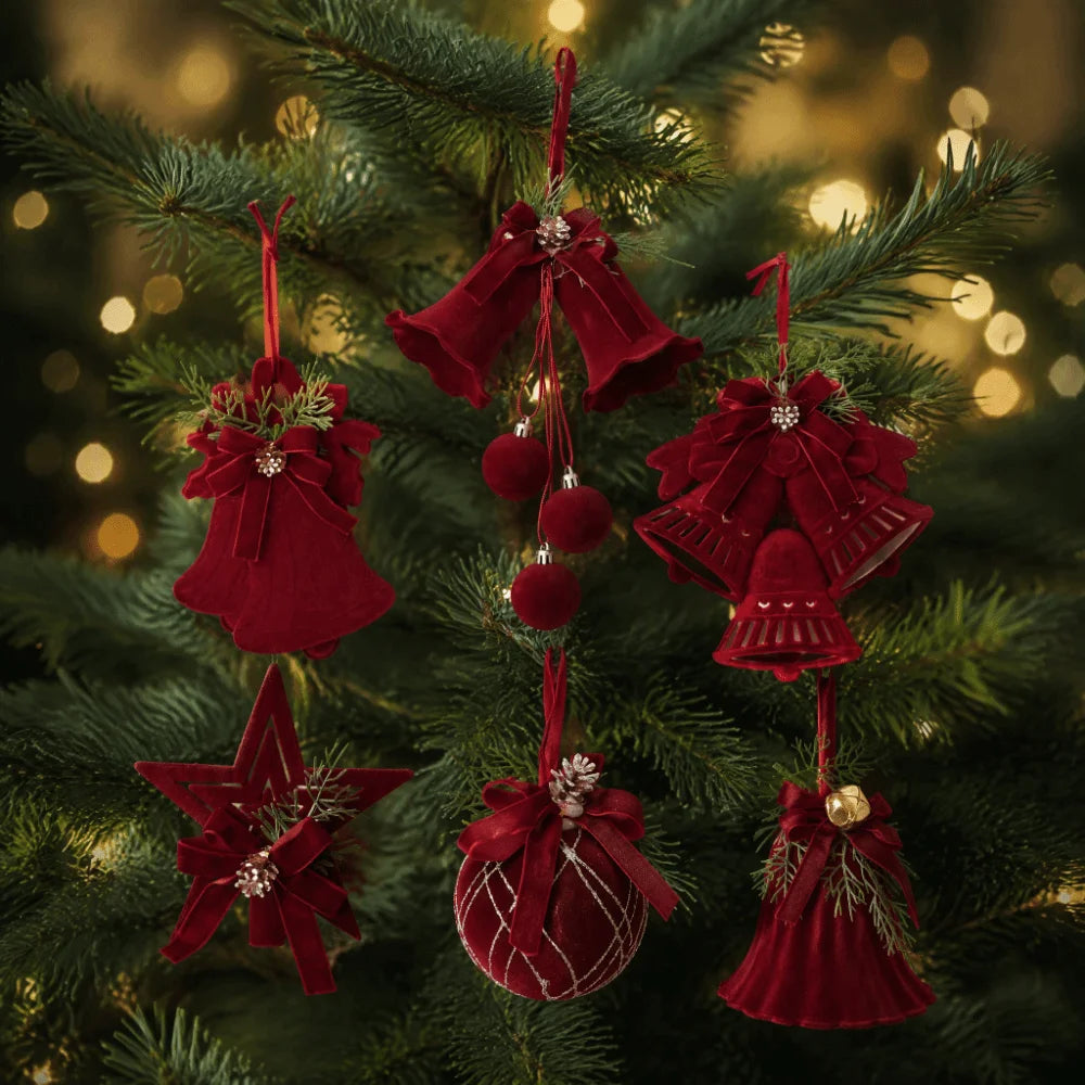 Wine Red Bow Bell Christmas Tree Topper Ornament Pendant