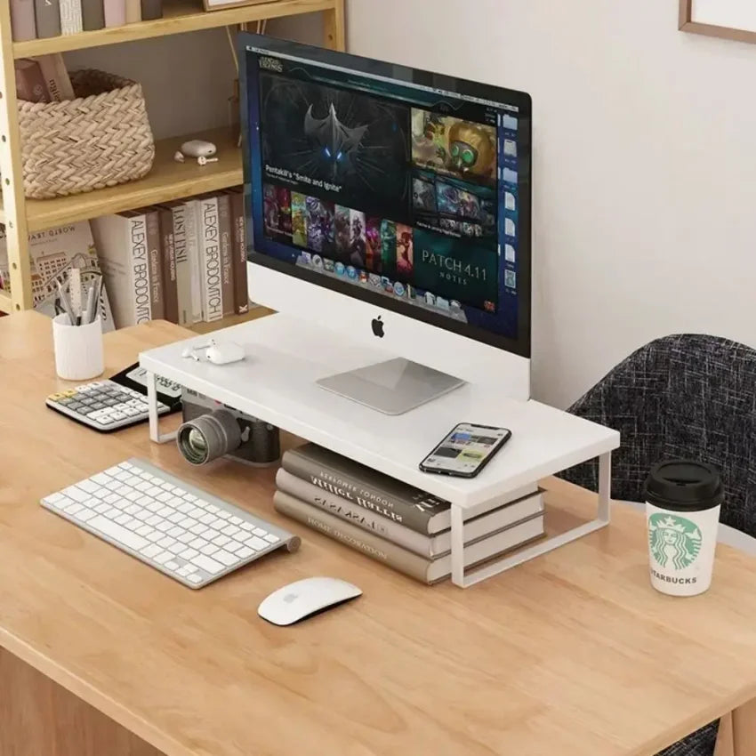 Elevated Monitor Stand with Storage Rack – Metal & Wood Riser