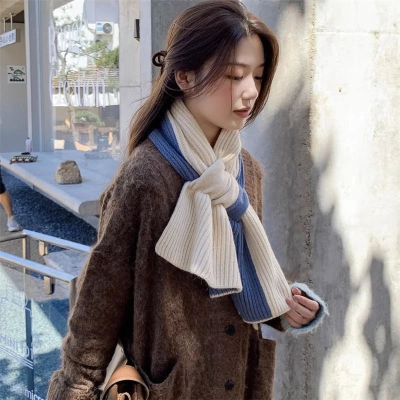 Korean Knitted Scarf for Women – Patchwork Winter Wrap