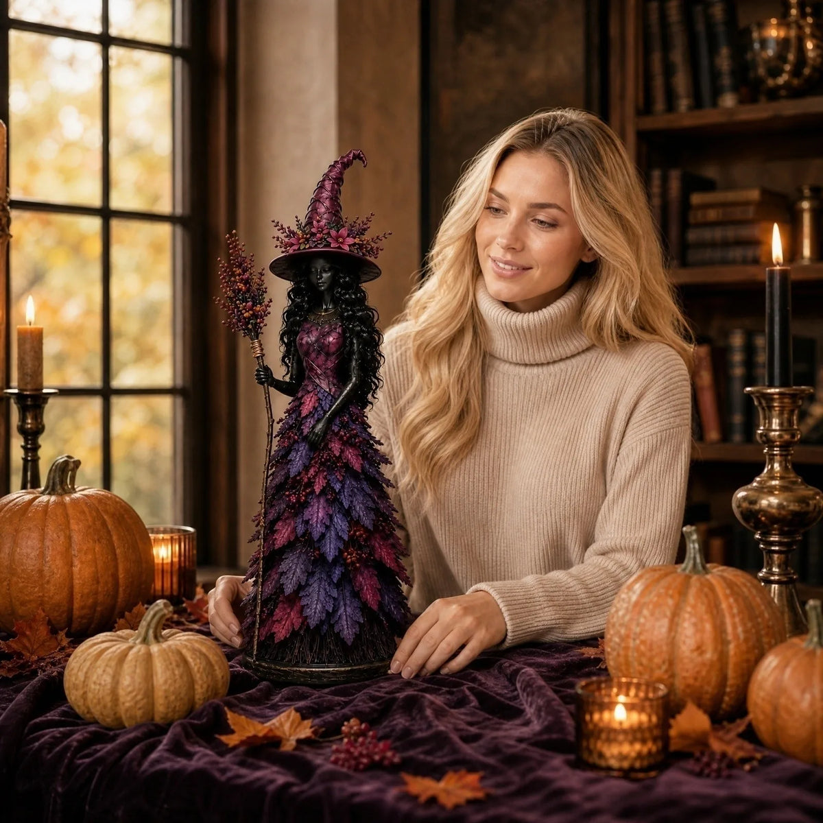 Autumn Witch Figurine Set – Fall Harvest Resin Statue Decor
