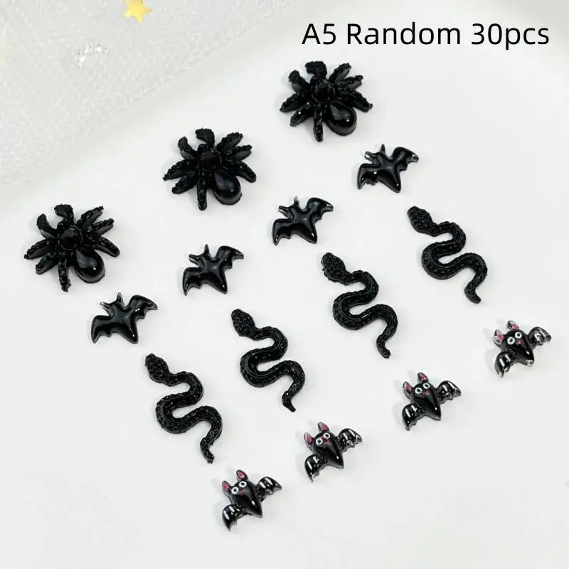 30Pcs Halloween 3D Resin Nail Charms – Bat Spider Snake
