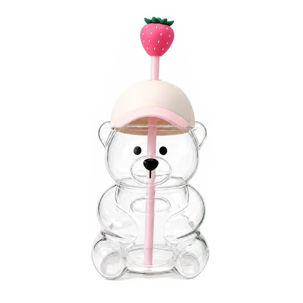 Cute Bear Straw Cup with Lid – 500ml Transparent Tumbler