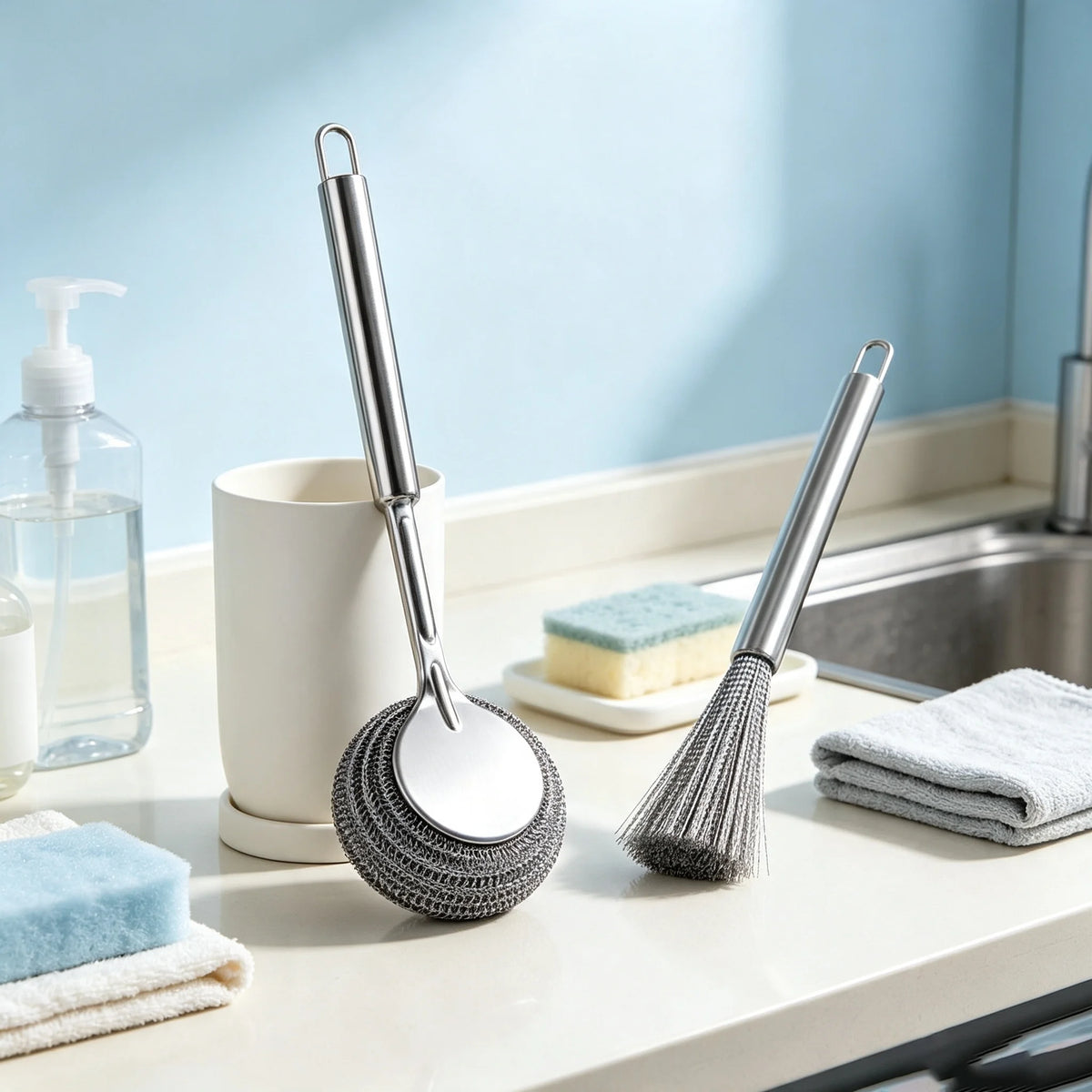 Stainless Steel Long Handle Pot Brush Set – 2-Piece Scrubber