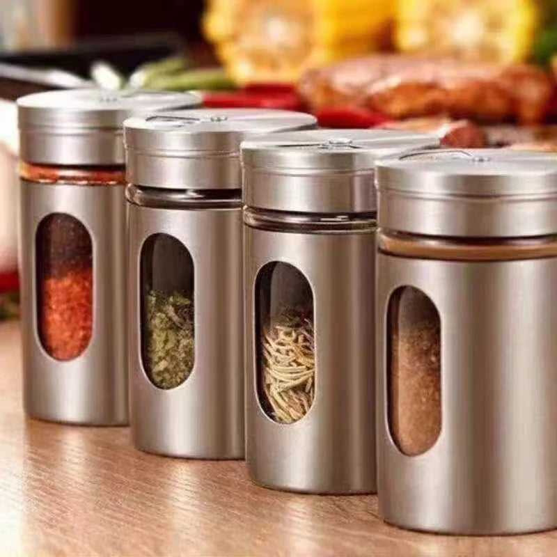 Stainless Steel Glass Spice Shaker – Rotating Salt & Pepper Jar