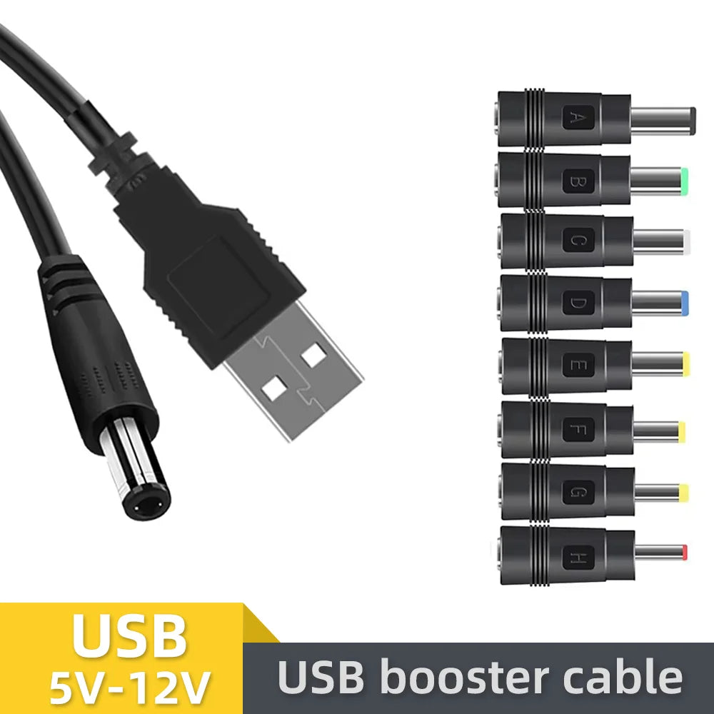 USB to DC 5V–12V Boost Converter Cable with 8 Adapters