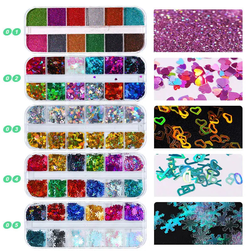 12-Grid Holographic Glitter Nail Art Sequins & Flakes Set
