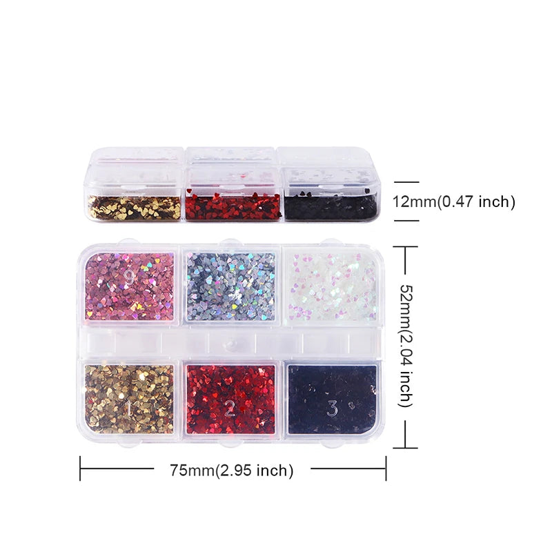 1mm Laser Heart Nail Glitter 6-Grid Set – DIY Nail Art