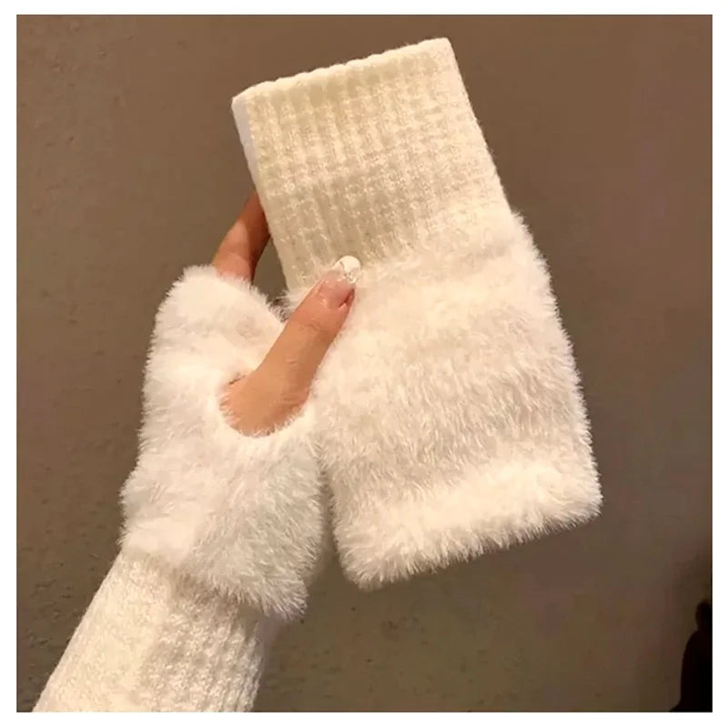 Women's Soft Plush Fingerless Gloves – Faux Mink Fur Warmth