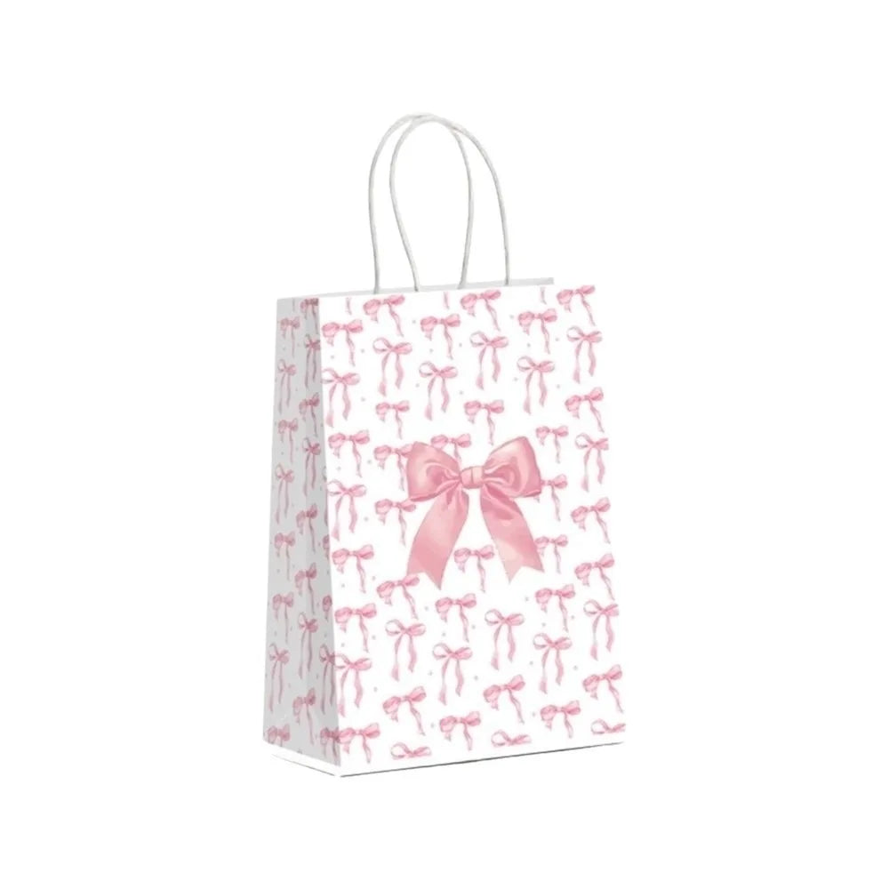 5-Pack Pink Kraft Paper Gift Bags with White Bow – Birthday Party