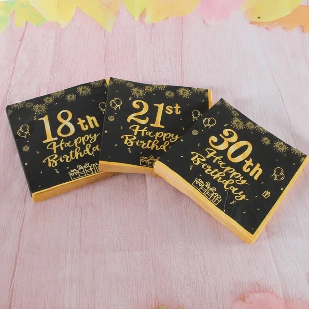 Happy Birthday Party Napkins White & Black Gold Design 20pk