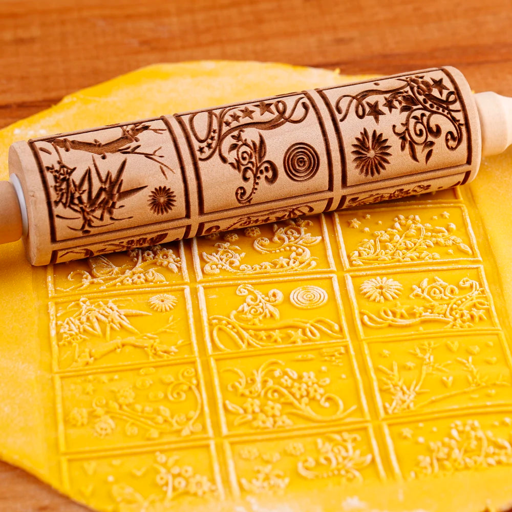 Wooden Embossed Rolling Pin – Butterfly & Floral Cookie Stamp