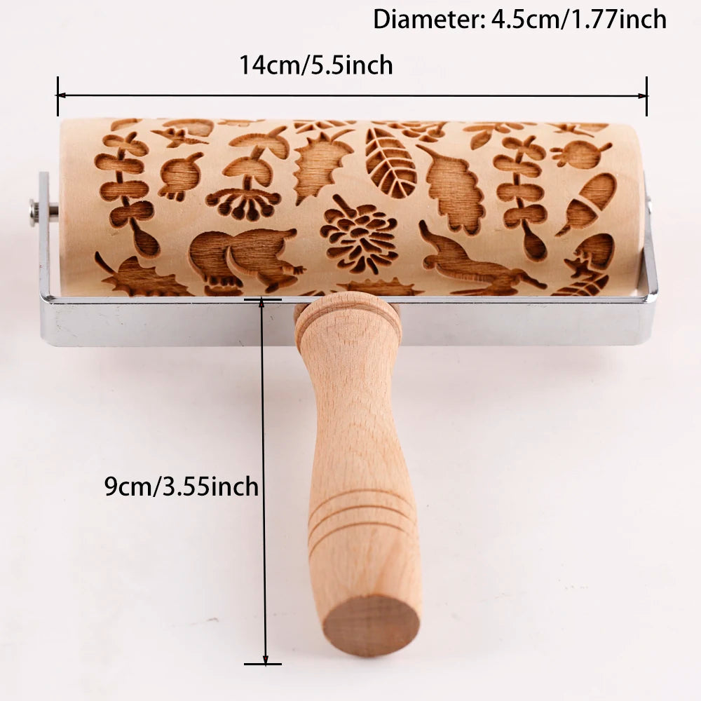 Wooden Embossed Rolling Pin – Leaf, Deer & Hedgehog Cookie Press