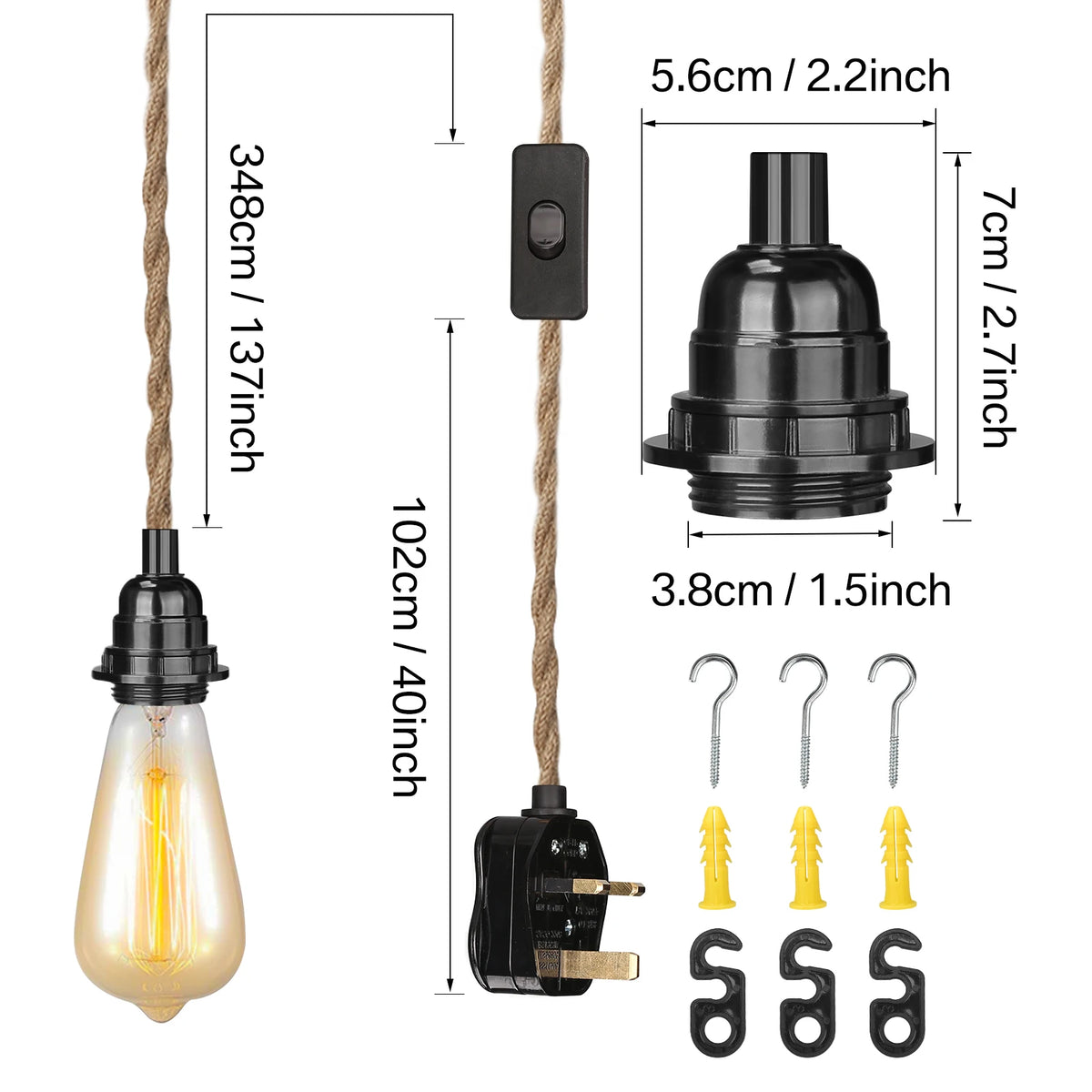 Vintage Hemp Rope Pendant Light E27 UK Plug Industrial Lamp