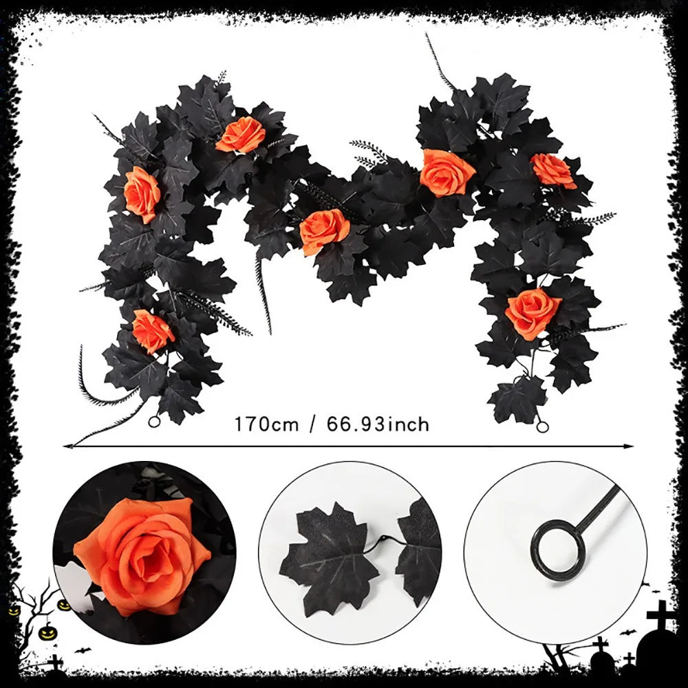 Halloween Maple Leaf Garland – Silk Faux Leaves & Gold Berries