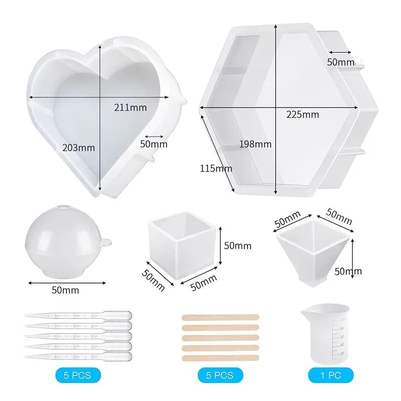 Large Silicone Resin Molds Kit – Hexagon, Heart, Sphere 16pc Set