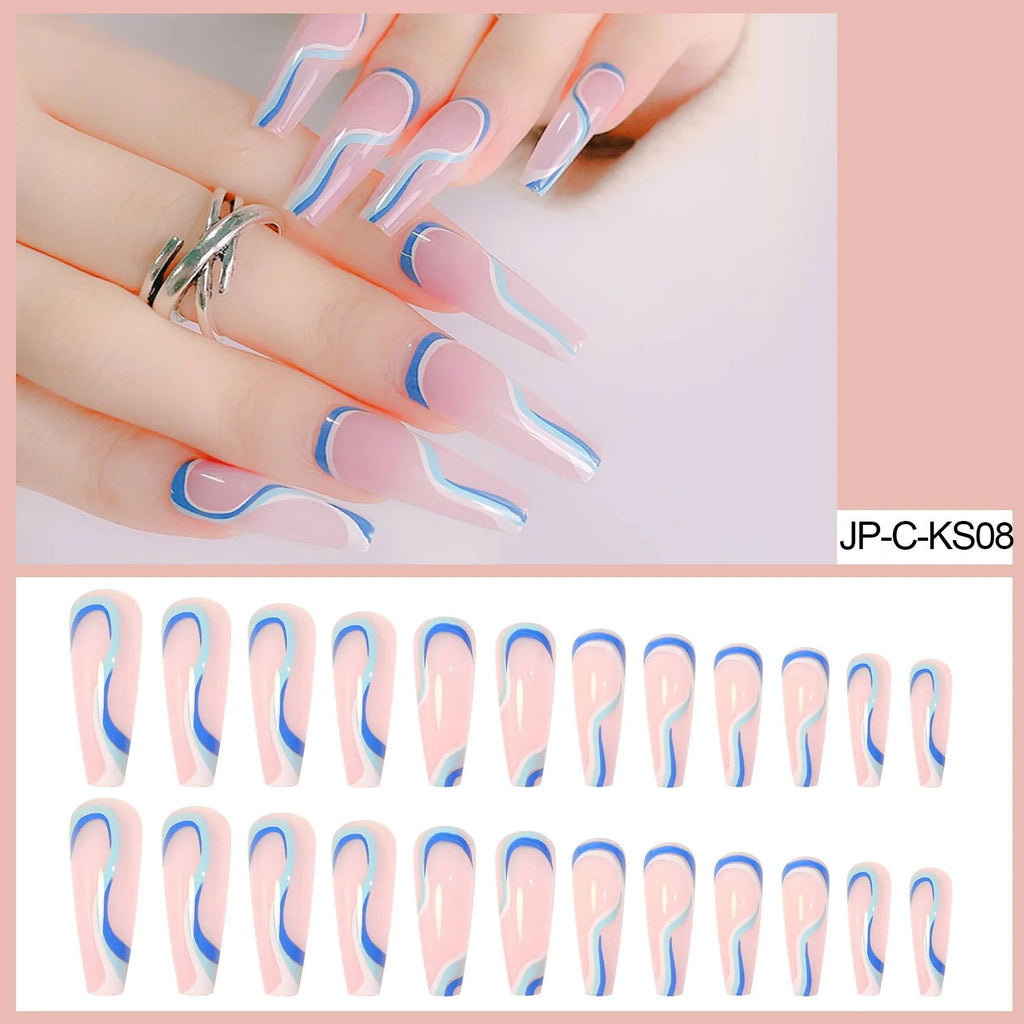 24pc Long Coffin Press On Nails Nude Blue Wavy Ballet Design