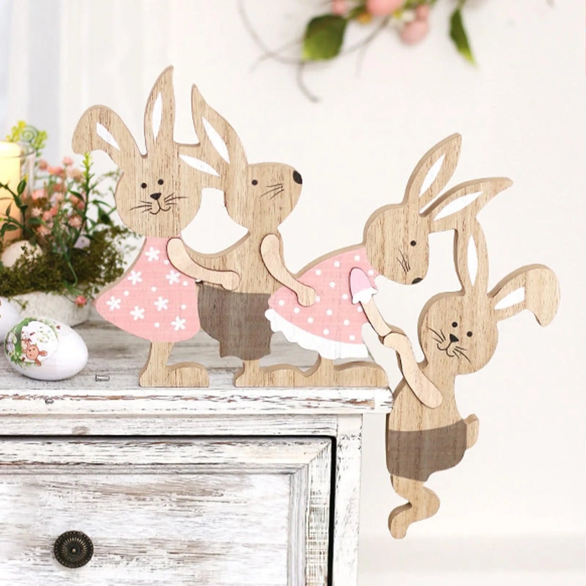 Easter Wooden Rabbit Seesaw Ornament – Painted Bunny Décor