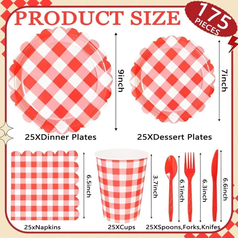 Red Gingham Party Supplies Set – 175-Piece Disposable Tableware