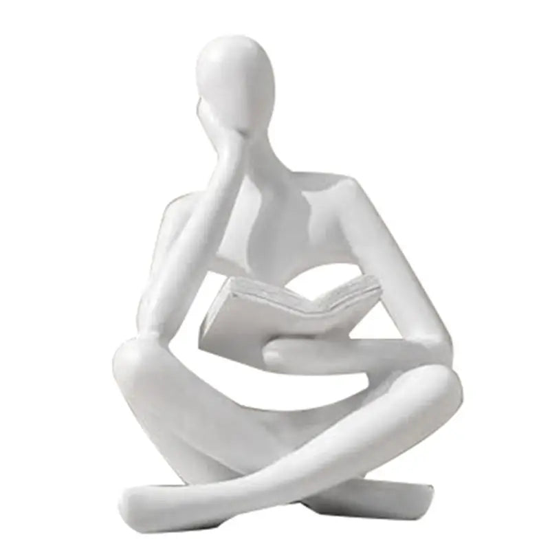 White Thinker Resin Reading Statue – Modern Book Decor Sculpture