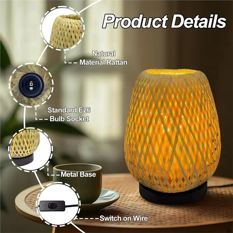 Boho Rattan Table Lamp | 3-Color Temp Dimmable Nightstand Light
