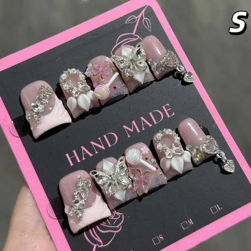 10Pcs French Tip Press-On Nails 3D Butterfly Duck Bill Short False Nails
