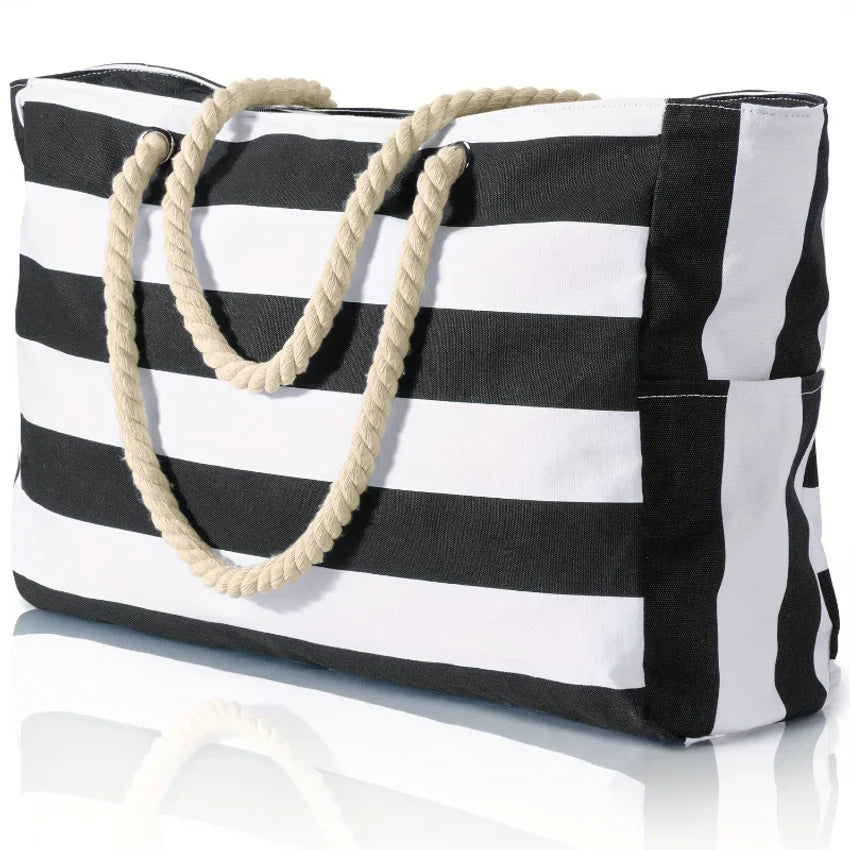 VIBE Striped Beach Tote Bag – Waterproof Foldable Shoulder Bag