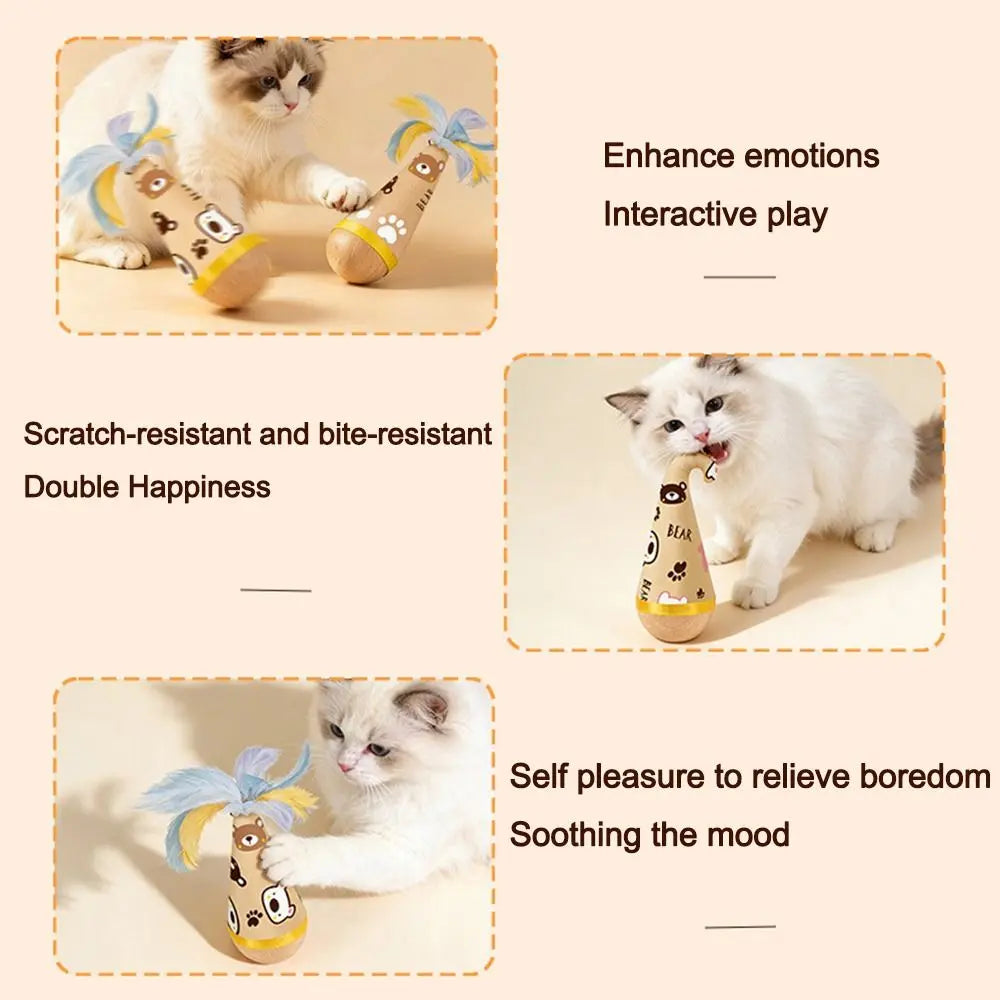 Wooden Tumbler Cat Toy – Interactive Feather Wobbler