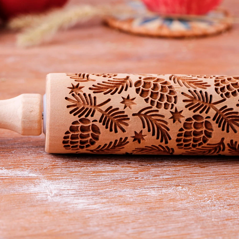 Arjmide Wooden Embossed Rolling Pin – Pine Cone Pattern 13.7"