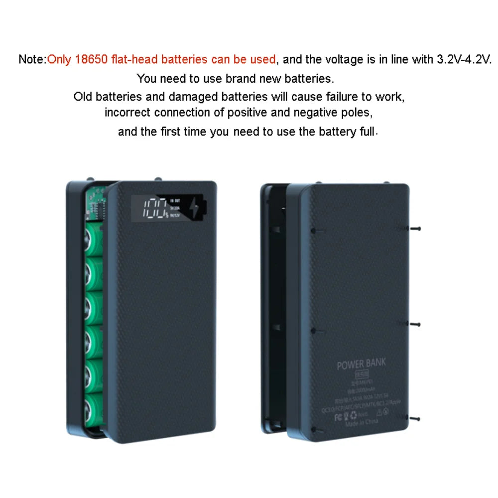 6x18650 DIY Power Bank Case – LED Display & Quick Charge