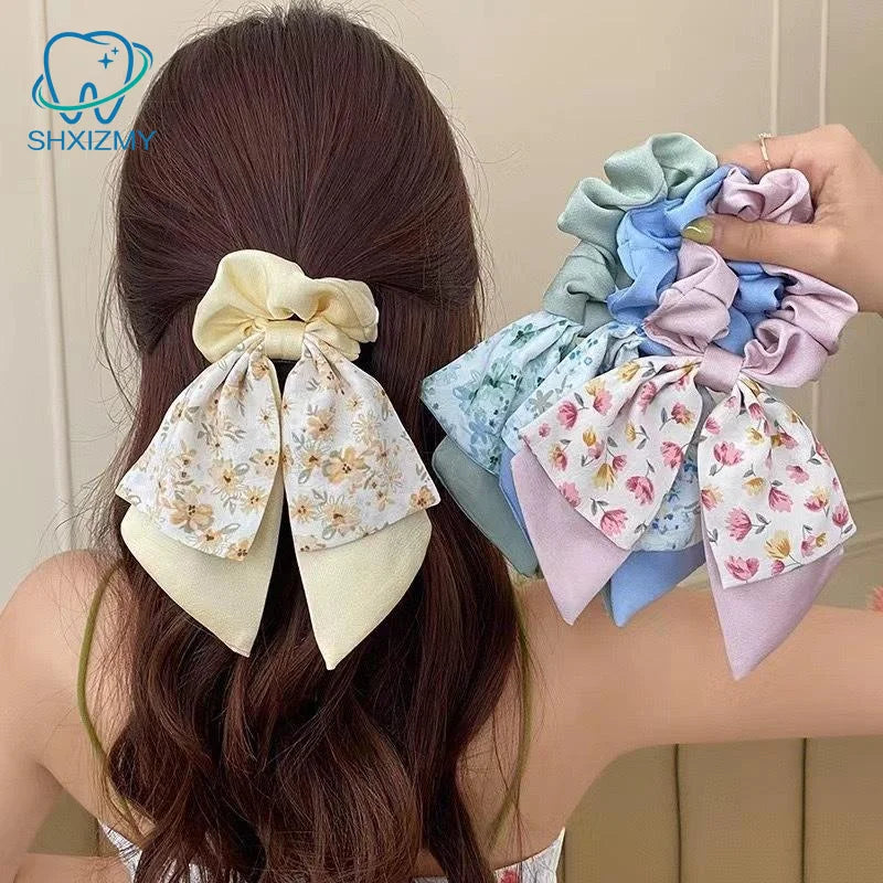 Floral Bow Satin Scrunchie – Ribbon Hair Band for Women