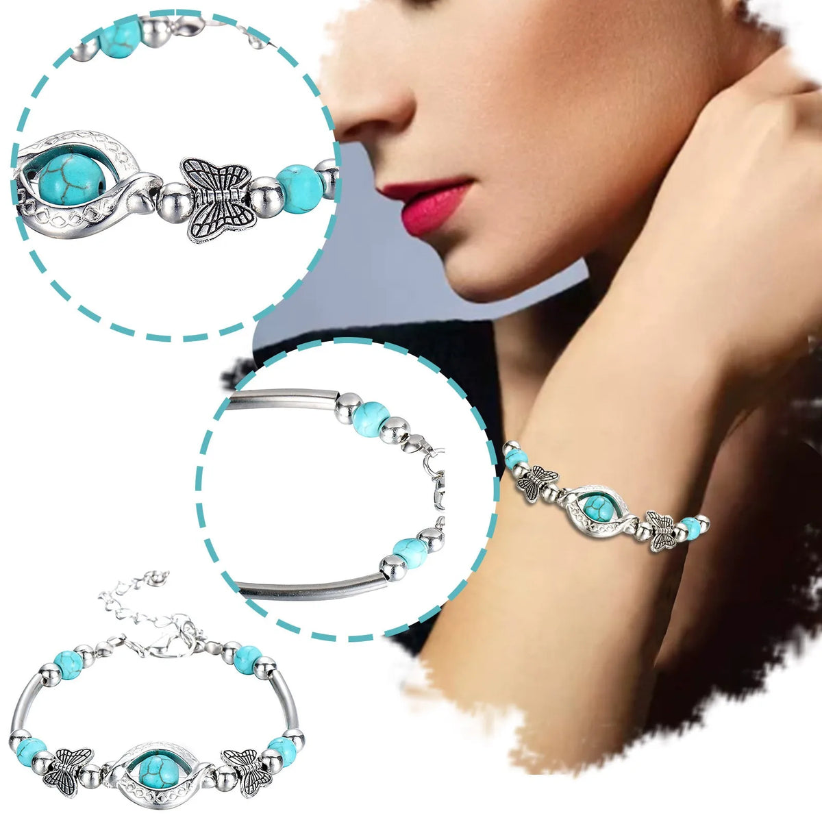 Vintage Turquoise Butterfly Bracelet – Bohemian Silver Chain