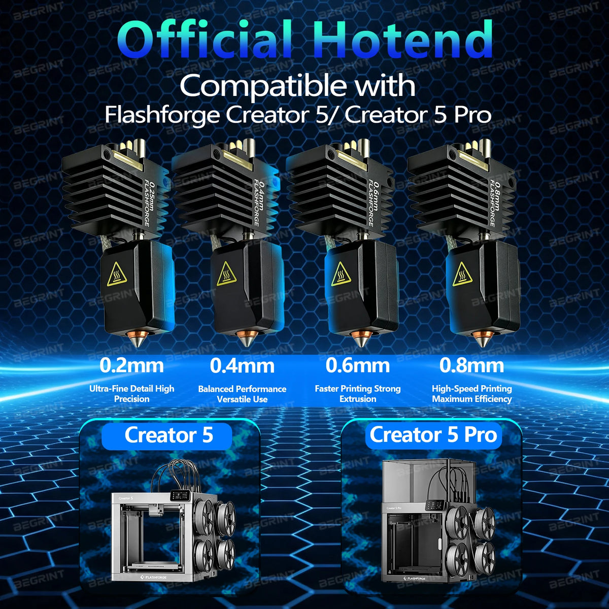 BEGRINT Hotend Assembly for Flashforge Creator 5 & 5 Pro | 0.2–0.8mm