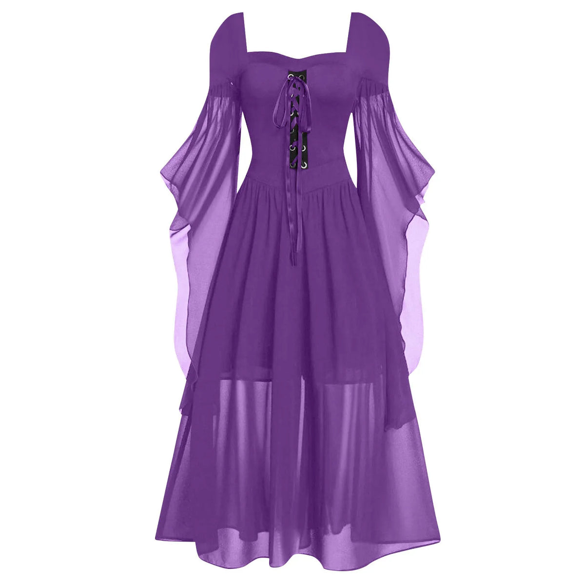 Women Gothic Off Shoulder Lace-Up Tiered Maxi Dress Halloween