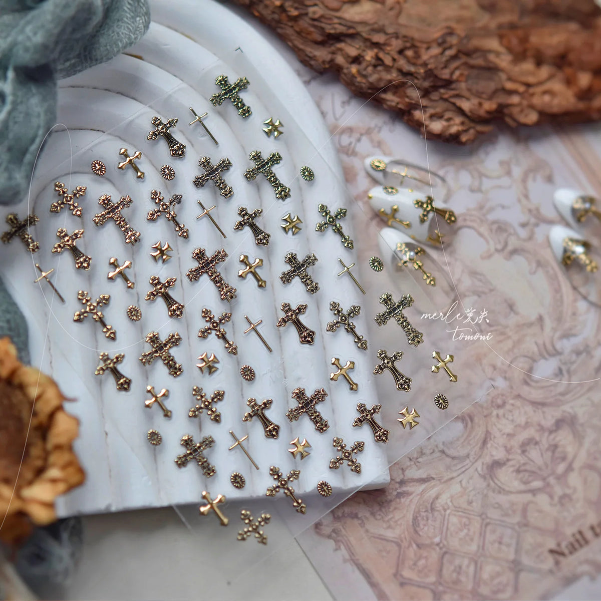 Dark Retro Cross Metal Nail Stickers – Self-Adhesive DIY Decals